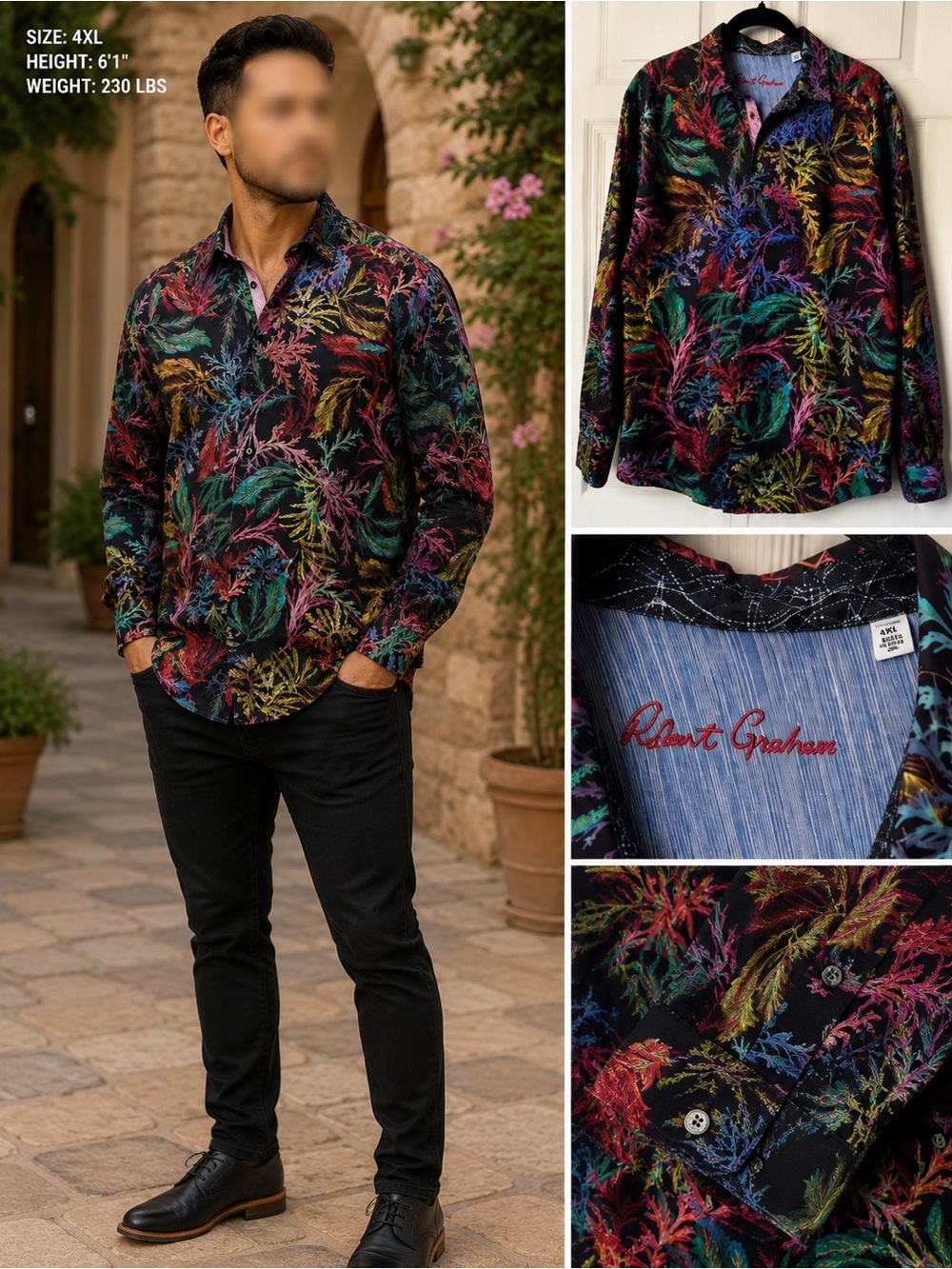 Robert Graham Crown of Thorns 4XL Embroidered Botanical Button Front Shirt